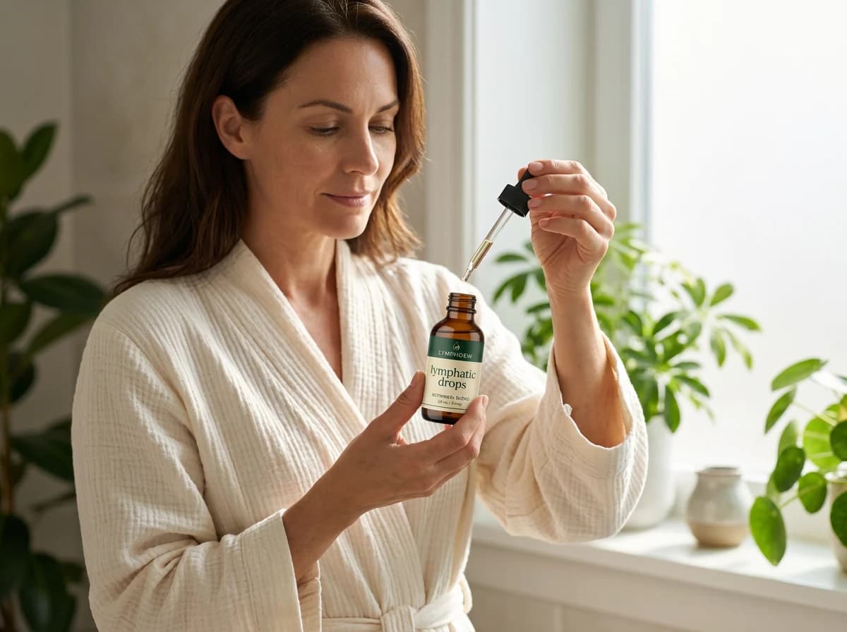 Woman using LymphDew drops in her morning routine