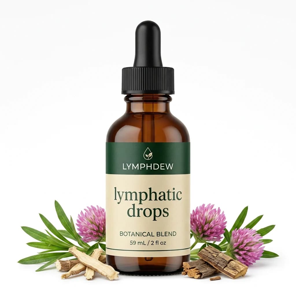LymphDew botanical drops with clover, leaves, roots and bark