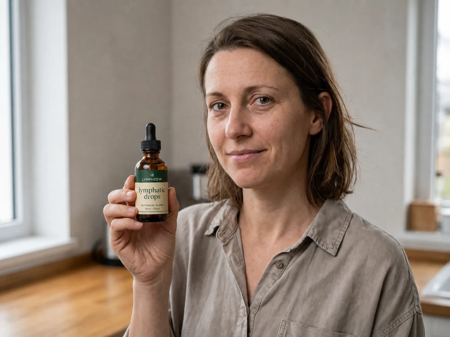 Woman holding a LymphDew bottle by a softly lit kitchen window