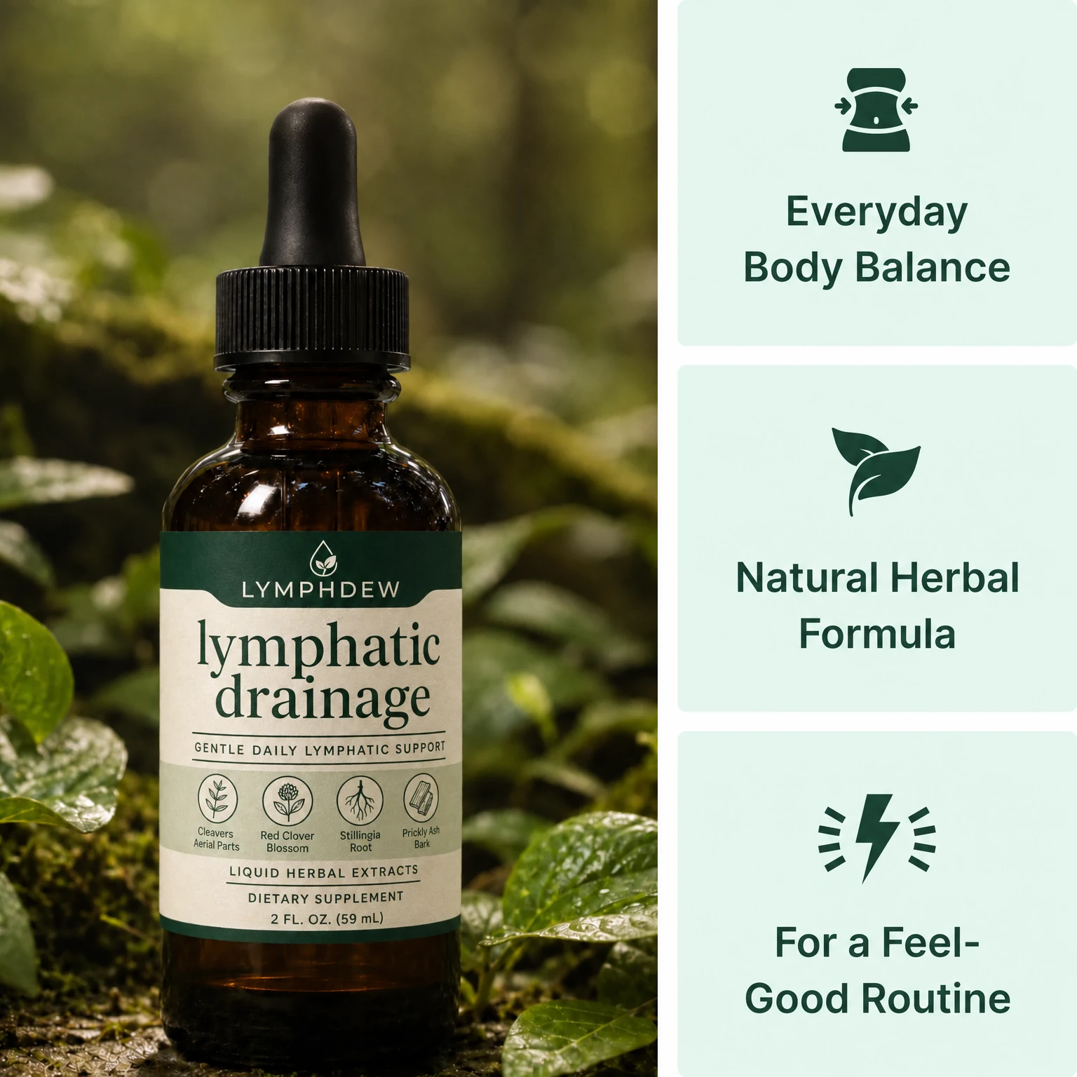LymphDew herbal drops on a dark mossy forest floor: everyday body balance, natural herbal formula and a feel-good routine