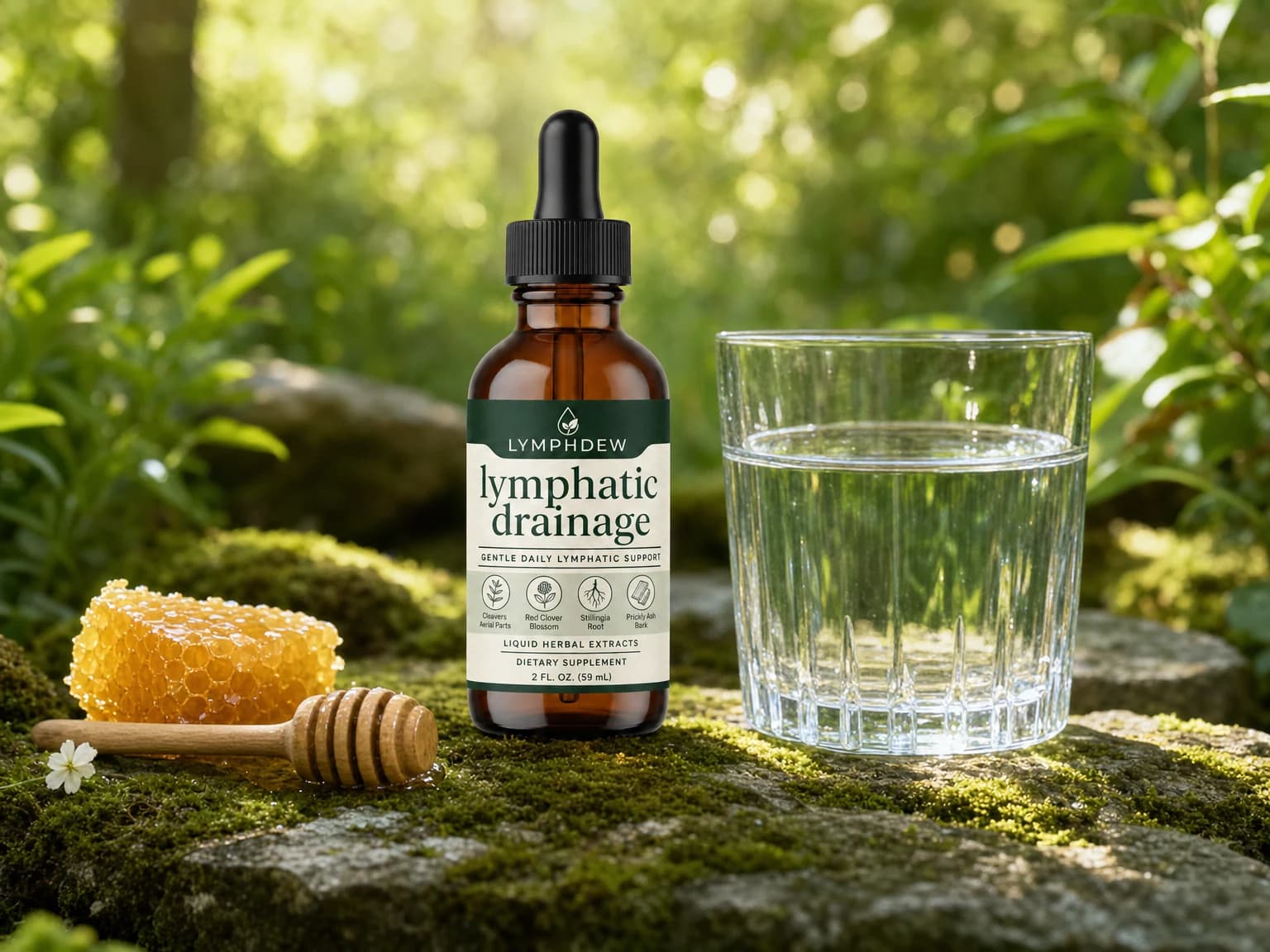 LymphDew with a glass of water and honeycomb