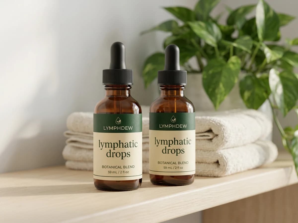 Two LymphDew bottles on a shelf beside cotton towels and a leafy plant