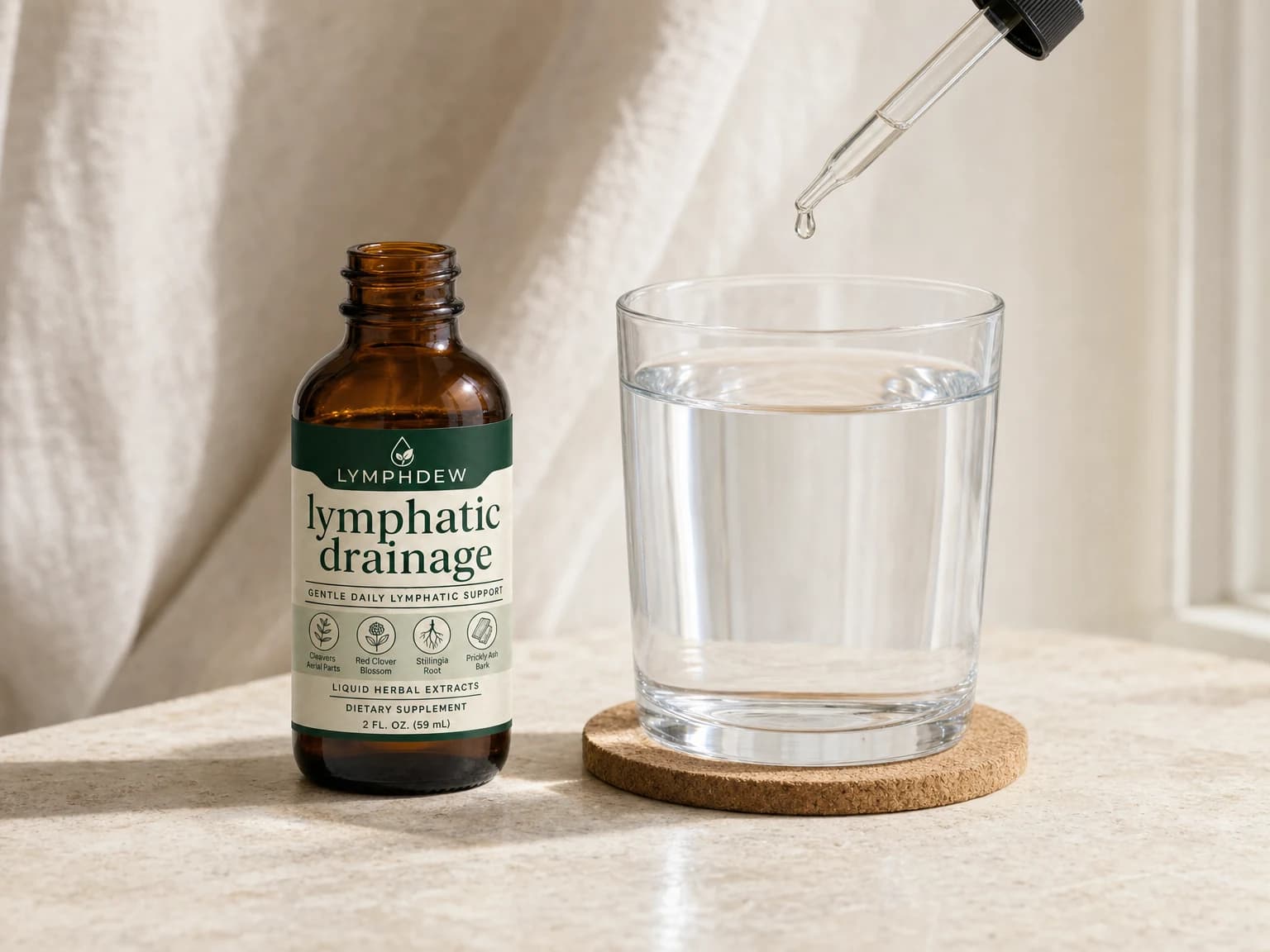 LymphDew botanical drops beside a glass of water, with a dropper above the glass